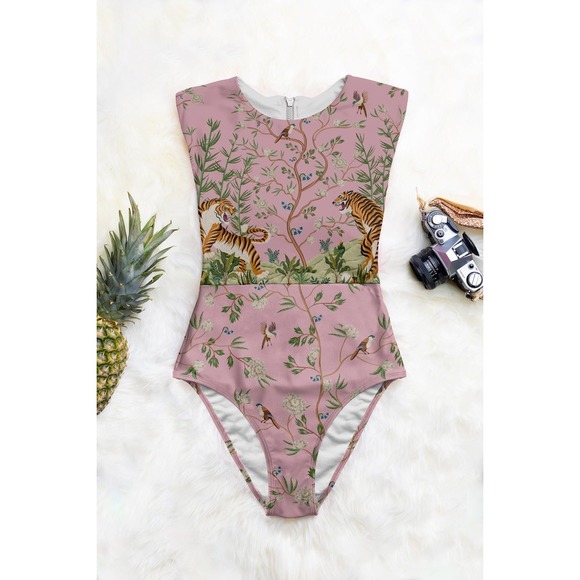 Aerie Melina Tiger Blossom One-Piece Swimsuit Pink New with Tags UV Protection L - Picture 9 of 13